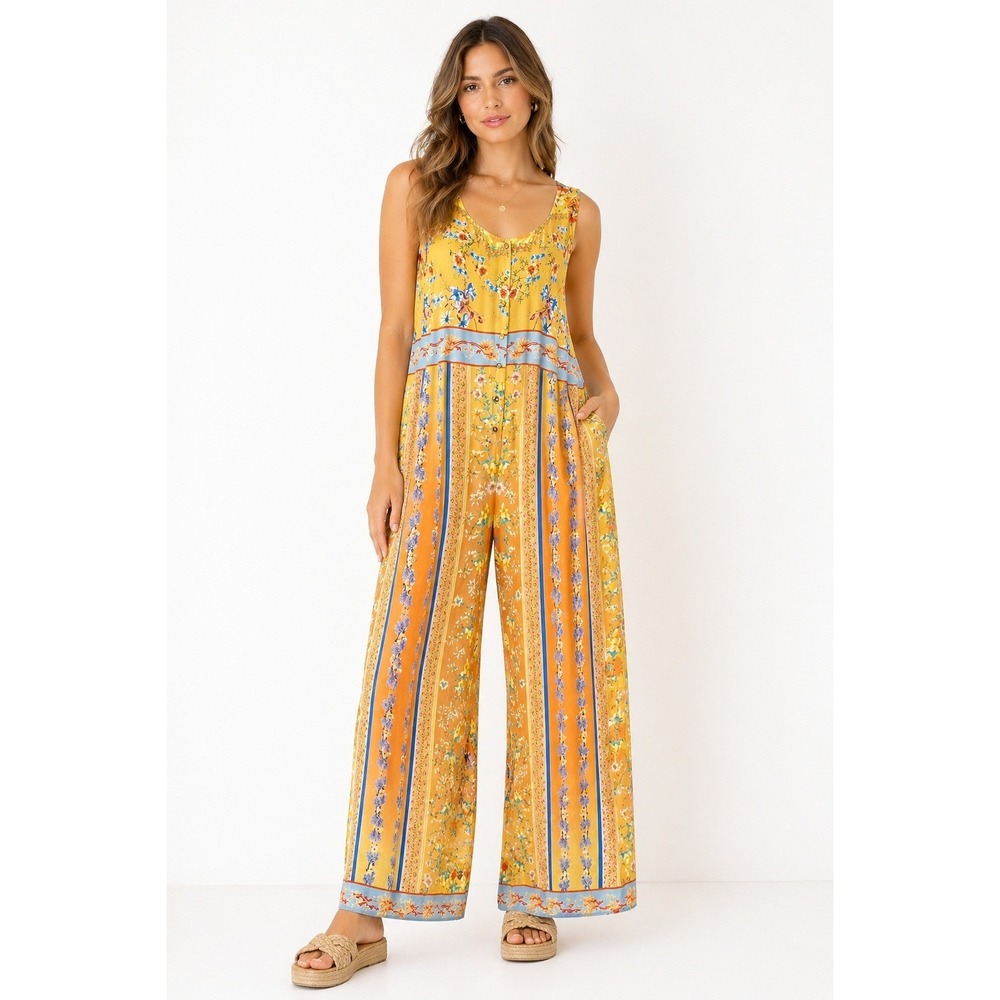 Johnny Was Women's Floral Printed Sleeveless Button Front Wide Leg Jumpsuit Sz S